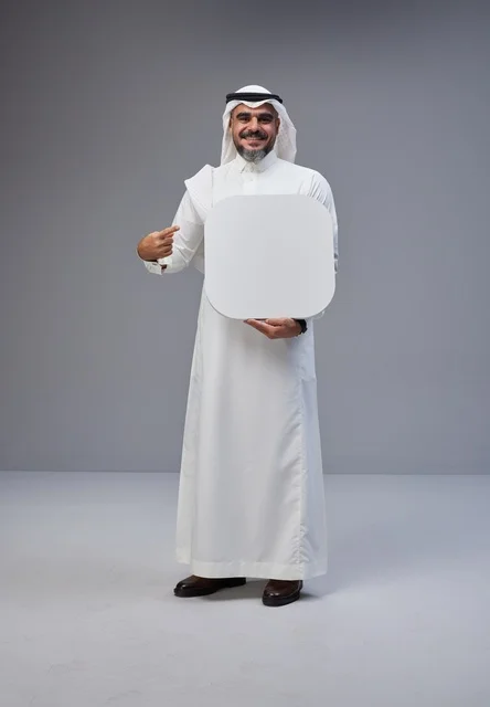 Saudi Man in Traditional Thobe Holding Blank Sign