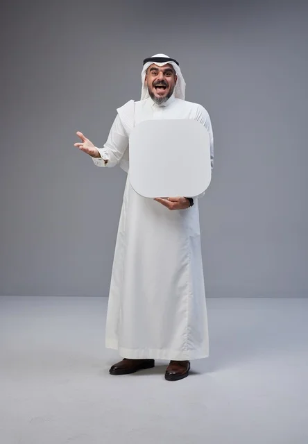 Saudi Man Holding Blank White Board in Studio