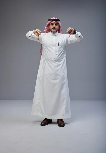 Saudi Man in Traditional Dress Giving Thumbs Down Gesture