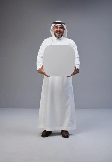 رجل سعودي بالزي التقليدي يحمل لوحة إعلانية فارغة