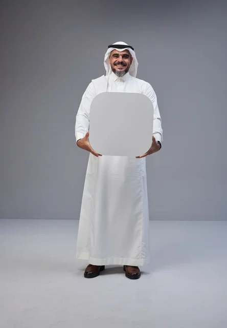 Saudi Man Holding Blank White Signboard in Studio Backdrop