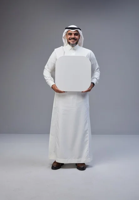 رجل سعودي بالزي التقليدي يحمل لوحة بيضاء فارغة
