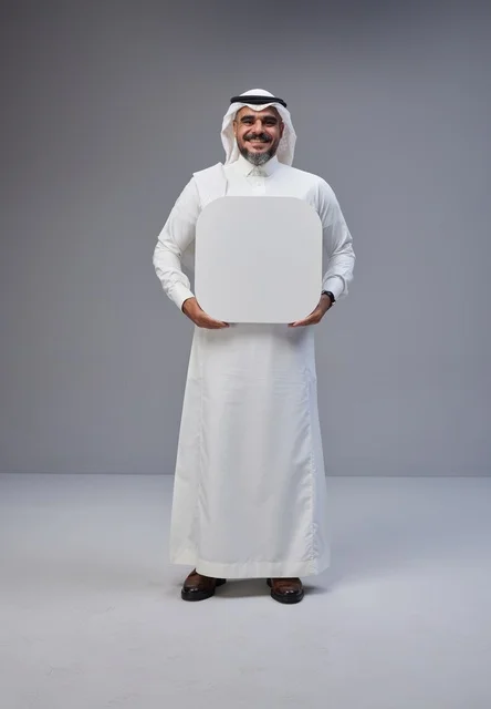 رجل سعودي بالزي التقليدي يحمل لوحة بيضاء فارغة