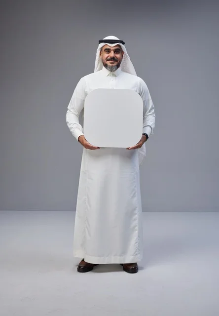 رجل سعودي بالزي التقليدي يحمل لوحة فارغة رجل سعودي بالزي التقليدي يحمل لوحة فارغة