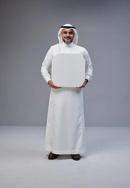 رجل سعودي يحمل لوحة بيضاء فارغة في الاستوديو