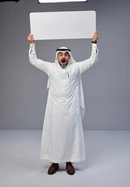 Saudi Man Holding Blank Sign in Studio