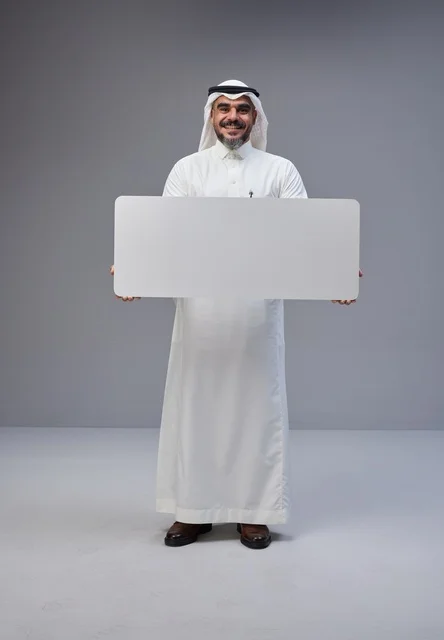 Saudi Man in Traditional Dress Holding Blank Sign