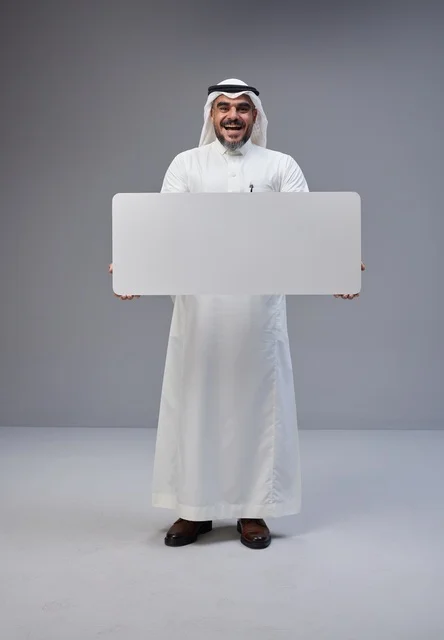 رجل سعودي يمسك لوحة بيضاء فارغة في الاستوديو