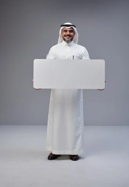 رجل سعودي بالزي التقليدي يحمل لوحة بيضاء فارغة