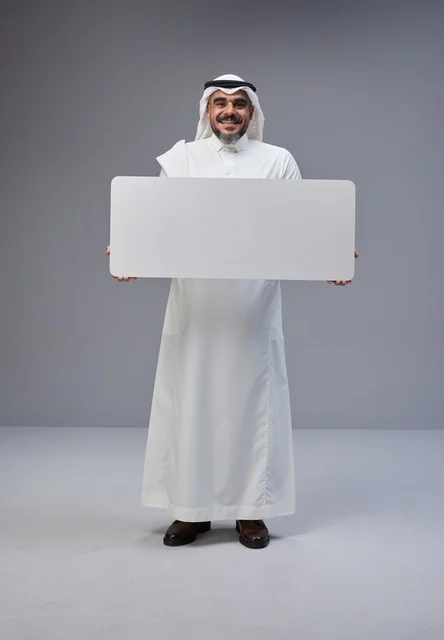 Saudi Man in Traditional Thobe Holding Blank White Board