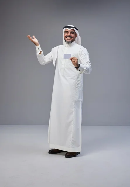 Saudi Man in Traditional Thobe Holding Blank ID Card