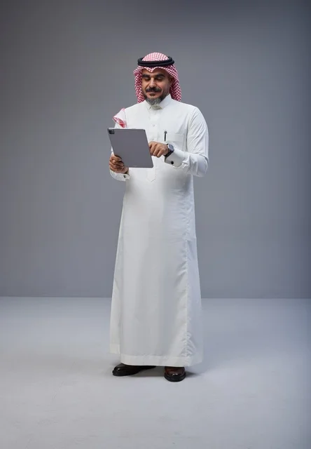 Saudi Man in Traditional Thobe Using Tablet