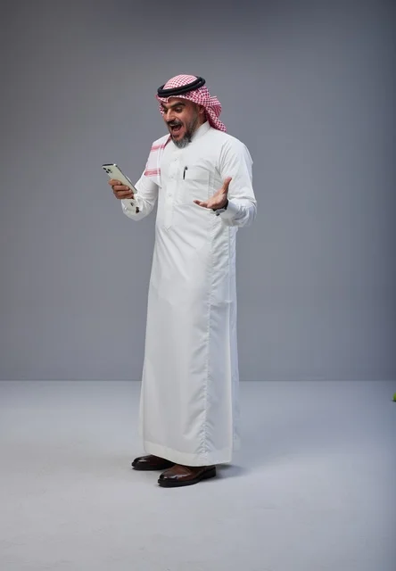 Saudi Man in Traditional Thobe Reacting to Smartphone