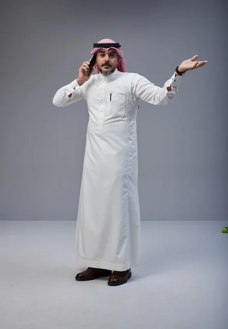 رجل سعودي بالزي التقليدي يتحدث عبر الهاتف