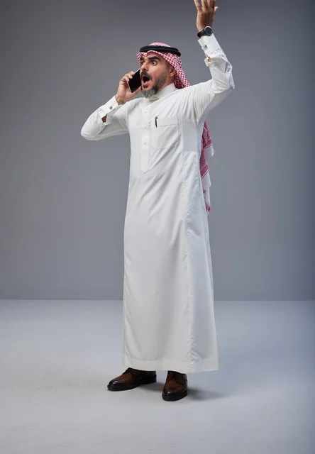 رجل سعودي بالزي التقليدي يتحدث عبر الهاتف بتعابير مندهشة