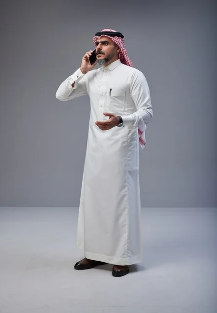 Saudi Man in Traditional Thobe Talking on Mobile Phone