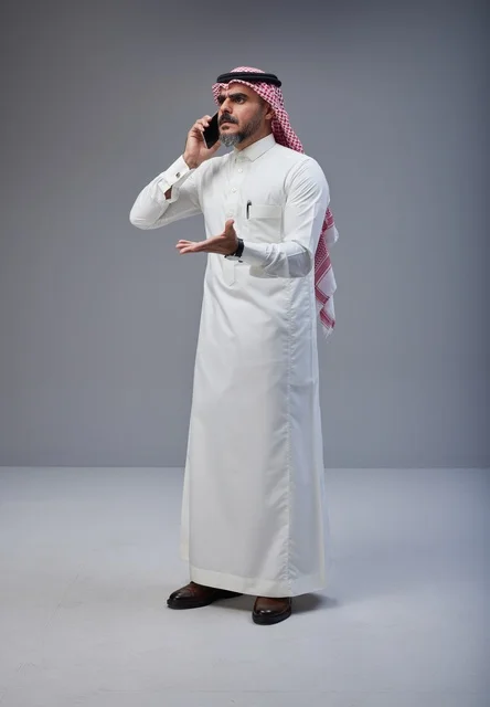 Saudi Man in Traditional Dress Talking on Mobile Phone