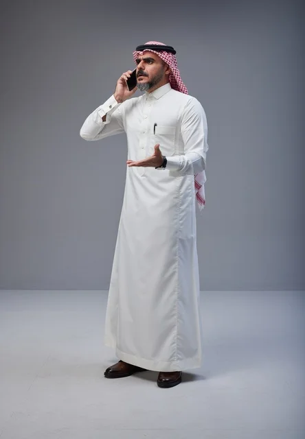 Saudi Man in Traditional Dress Talking on Smartphone