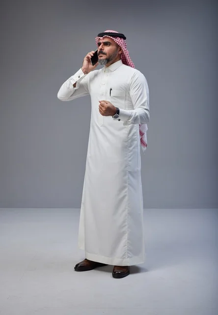 رجل سعودي بالزي التقليدي يتحدث عبر الهاتف الجوال