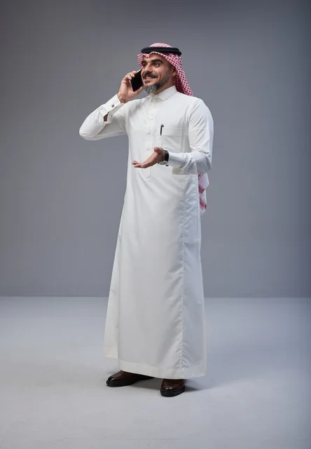 رجل سعودي بالزي التقليدي يتحدث عبر الهاتف الذكي