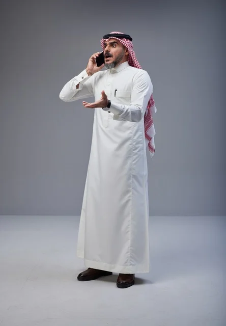 Saudi Man in Traditional Dress Talking on Smartphone
