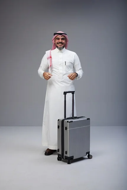 رجل سعودي مع حقيبة سفر في استوديو