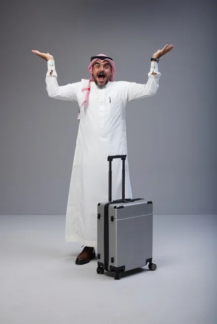 رجل سعودي متحمس مع حقيبة سفر في الاستوديو