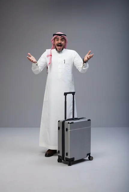 Excited Saudi Man with Suitcase Ready for Travel Trip Excited Saudi Man with Suitcase Ready for Travel Trip