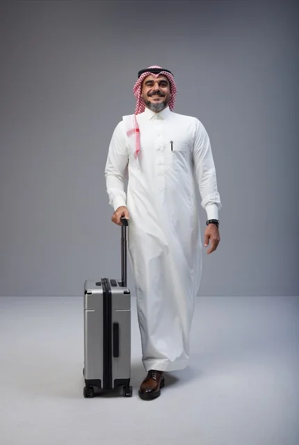 رجل سعودي بالزي التقليدي يحمل حقيبة سفر في الاستوديو