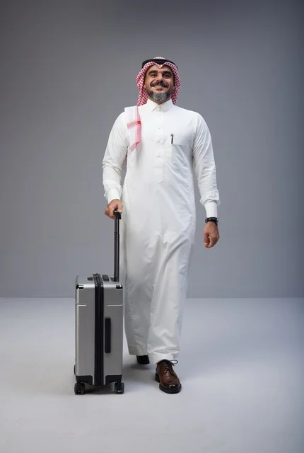 رجل سعودي بالزي التقليدي يمشي مع حقيبة سفر