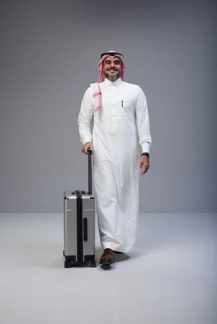 رجل سعودي بالزي التقليدي يمشي مع حقيبة سفر