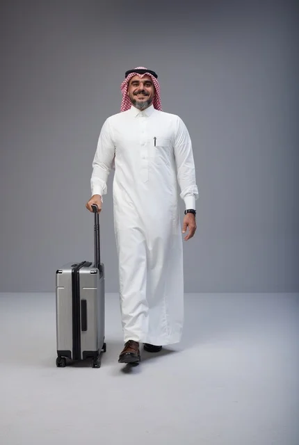 رجل سعودي بالزي التقليدي مع حقيبة سفر