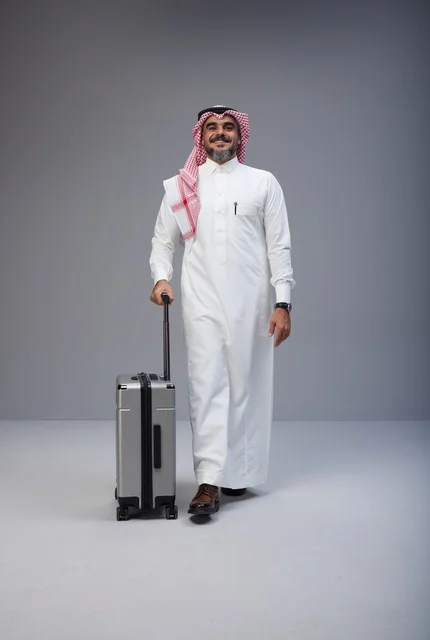 رجل سعودي بالزي التقليدي مع حقيبة سفر في الاستوديو