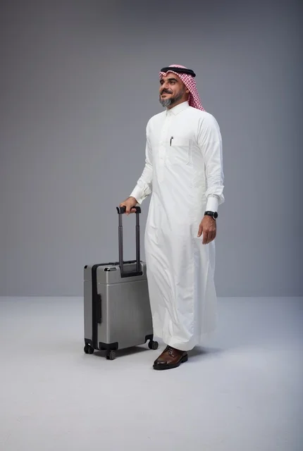 رجل سعودي بالزي التقليدي يمشي مع حقيبة سفر