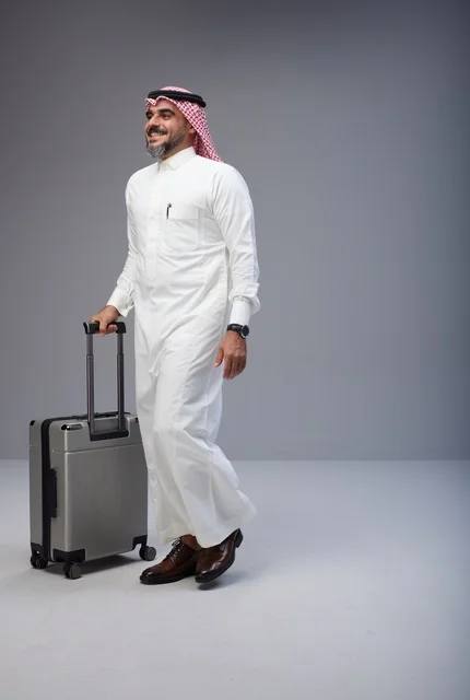 رجل سعودي بالزي التقليدي مع حقيبة سفر في الاستوديو