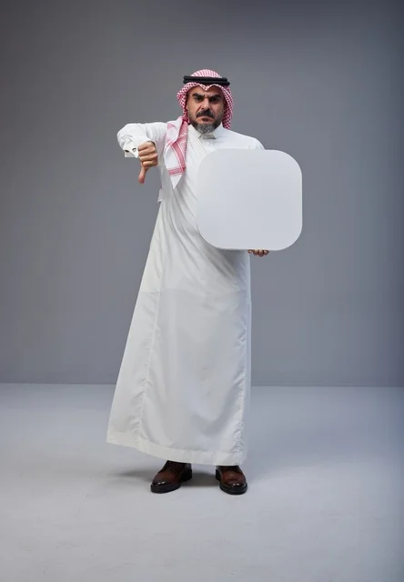 رجل سعودي يحمل لوحة بيضاء فارغة مع إيماءة الرفض