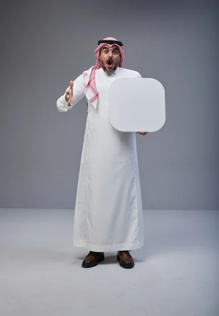 Saudi Man Holding Blank White Board with Surprised Face