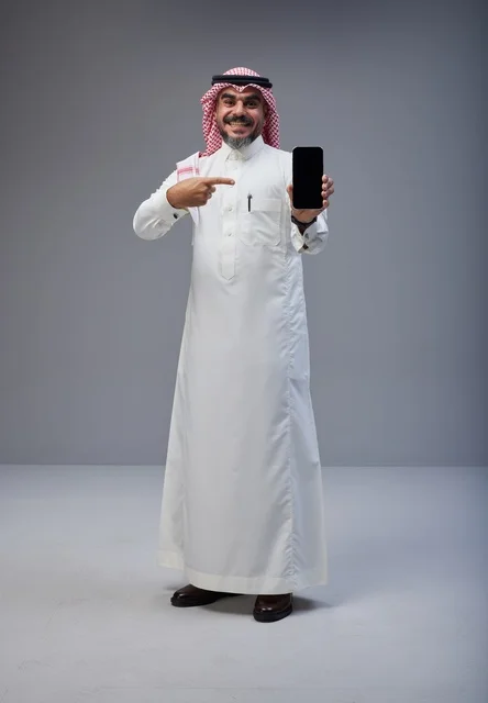 Saudi Man in Traditional Thobe Pointing at Smartphone