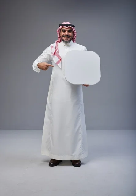 Saudi Man Holding Blank White Board in Studio