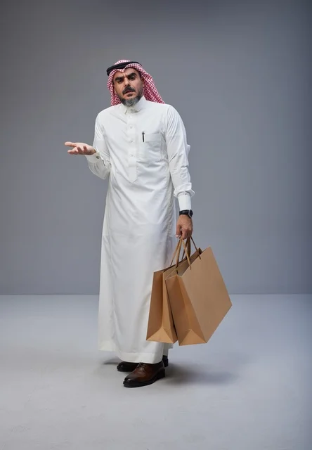 رجل سعودي يحمل أكياس تسوق في الاستوديو رجل سعودي يحمل أكياس تسوق في الاستوديو
