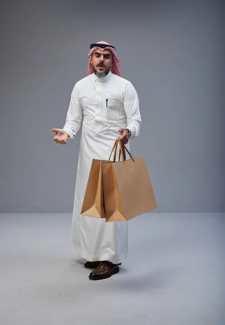 Saudi Man with Shopping Bags Confused Studio Shot