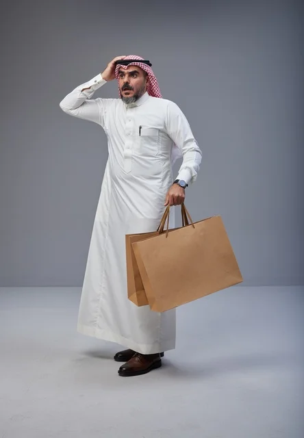 Shocked Saudi Man Holding Shopping Bags on Gray Background