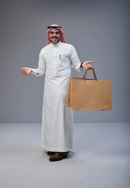رجل سعودي يحمل أكياس تسوق في استوديو بخلفية رمادية رجل سعودي يحمل أكياس تسوق في استوديو بخلفية رمادية