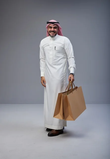 رجل سعودي بالزي التقليدي يحمل أكياس تسوق في استوديو