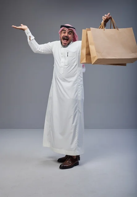 رجل سعودي يحمل أكياس تسوق بخلفية رمادية