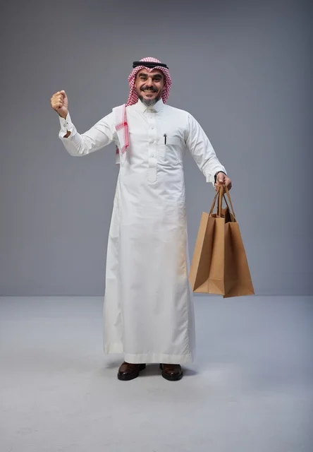 Saudi Man Holding Shopping Bags in Studio Portrait