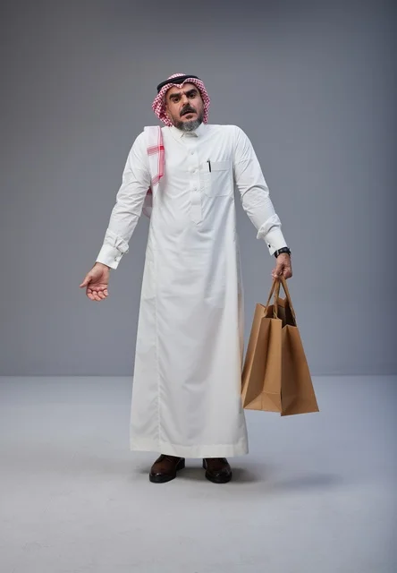 Saudi Man Holding Shopping Bags in Studio Gray Background