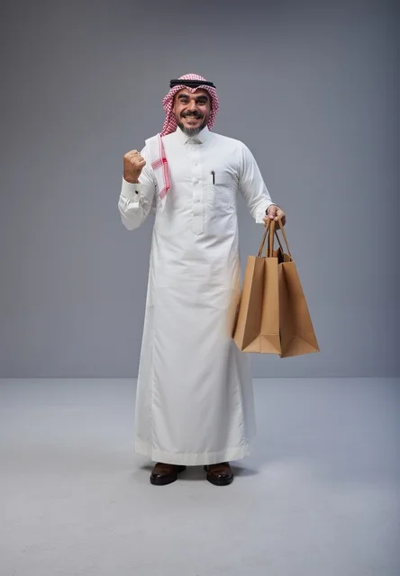 رجل سعودي يحمل أكياس تسوق في الاستوديو