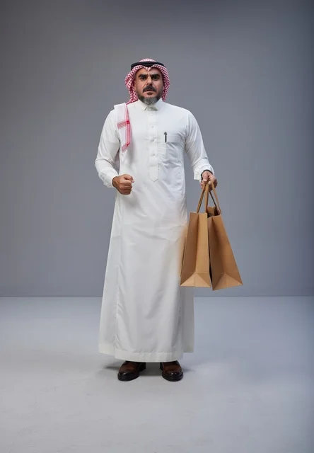 Saudi Man with Shopping Bags Surprised Studio Shot