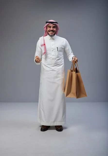 Smiling Saudi Man Holding Paper Shopping Bags in Studio